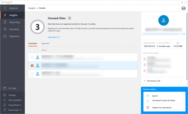 3ヶ月使用されていないサイトの詳細画面